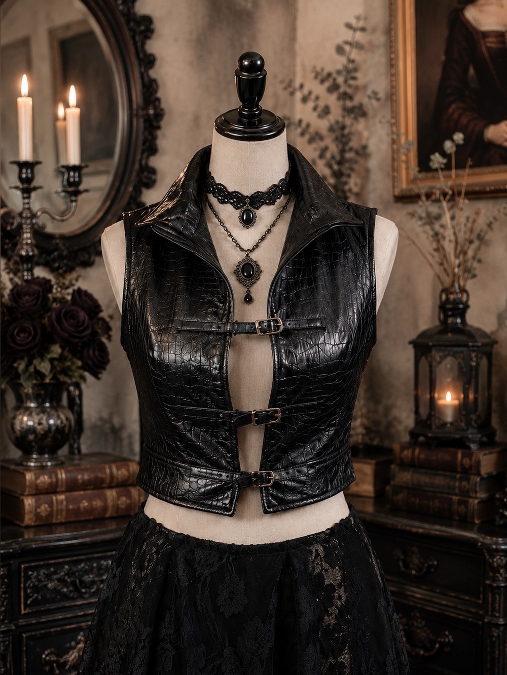 Vintage Pelle Croc Embossed Black Leather Vest Cropped Moto Gothic Y2K